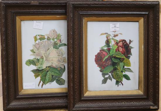 A pair of glass panel rose paintings